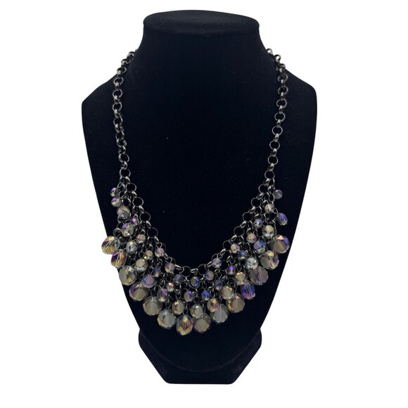 Iridescent Crystal Bead Cluster Necklace On Black Chain With Adjustable Lobster - Picture 1 of 6